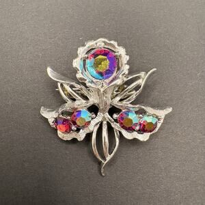 Vintage Nemo Aurora Borealis Crystal Silver Tone Thistle Flower Brooch 1.5"